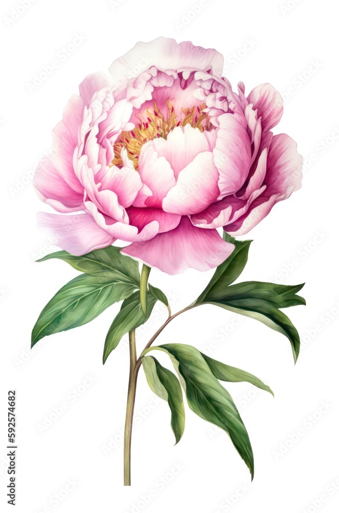 Beautiful pink peony isolated on white background. Watercolor illustration of a light pink flower. Generative AI.