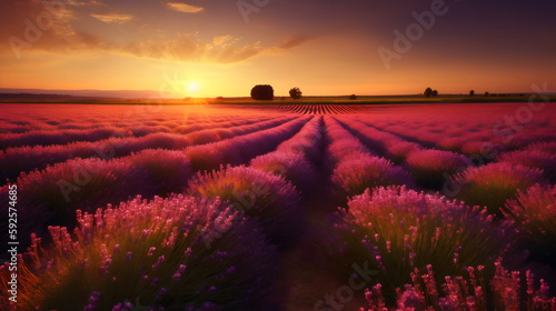 Lavender Serenity  Capturing the Tranquil Beauty of a Lavender Field at Sunset with Rows of Purple Flowers in Full Bloom  Bathed in the Warm Golden Light of the Setting Sun. generative ai