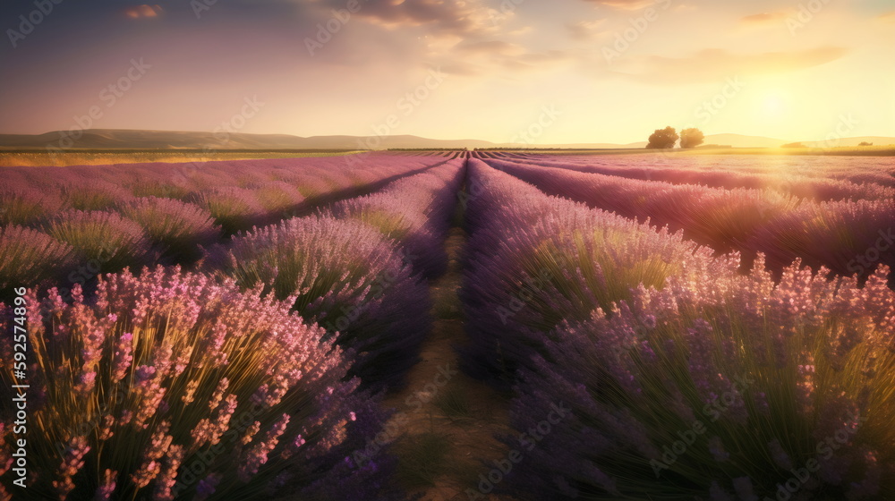 Lavender Serenity: Capturing the Tranquil Beauty of a Lavender Field at Sunset with Rows of Purple Flowers in Full Bloom, Bathed in the Warm Golden Light of the Setting Sun. generative ai Lavender Serenity: Capturing the Tranquil Beauty of a Lavender Field at Sunset with Rows of Purple Flowers in Full Bloom, Bathed in the Warm Golden Light of the Setting Sun. generative ai