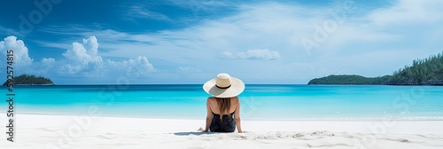 Woman with straw hat sunbathing on tropical beach. Generative AI