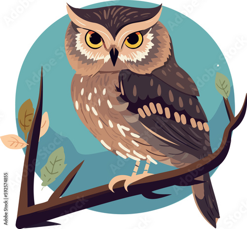 Cute owl on a branch. Vector illustration on a white background. In a hand-drawn style
