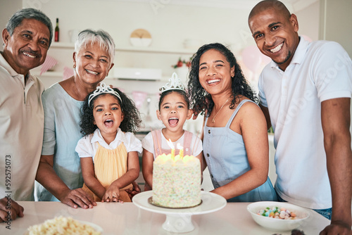 Photography Happy people at birthday party, family smile in portrait and celebration with cake with generations at home