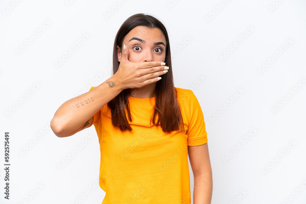 Young caucasian woman isolated on white background covering mouth with hand Young caucasian woman isolated on white background covering mouth with hand