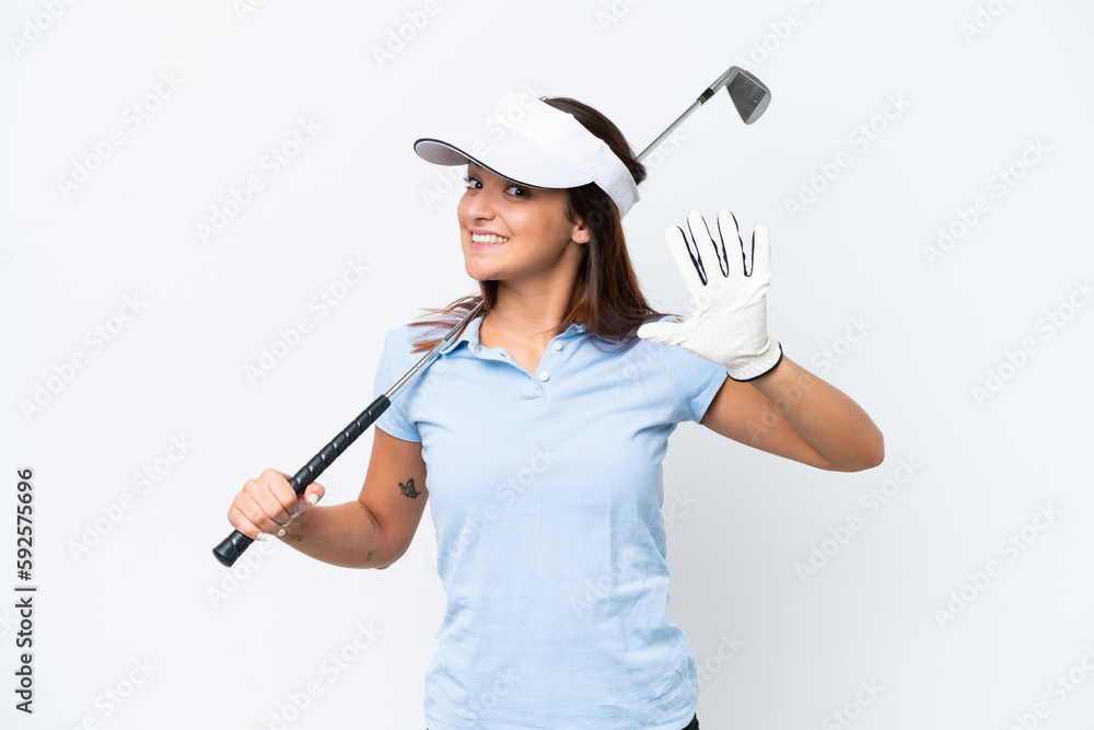 Young caucasian woman playing golf isolated on white background counting five with fingers Young caucasian woman playing golf isolated on white background counting five with fingers