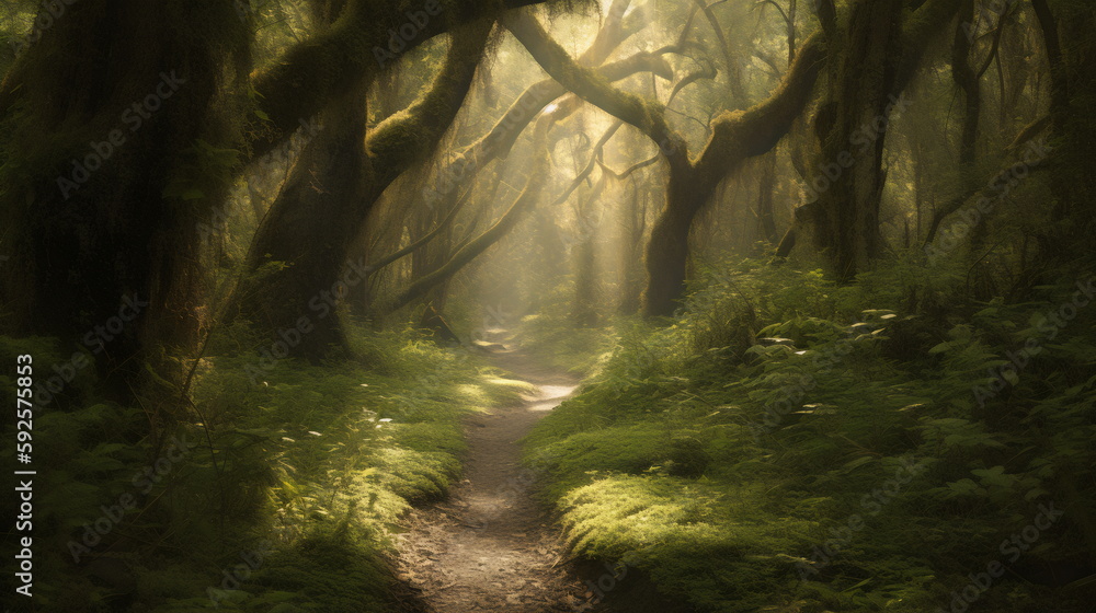Fototapeta premium Enchanted Forest Trail Serene Path Through a Mystical Forest, Towering Trees Laden with Moss, Immortalized in Captivating Detail to Bring Nature's Magic into Your Home or Office. Generative AI