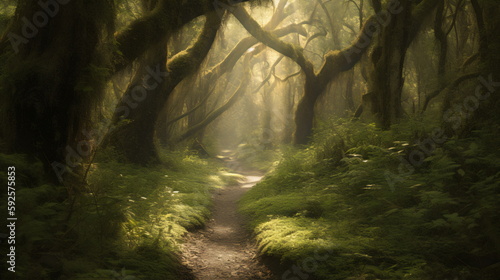 Enchanted Forest Trail Serene Path Through a Mystical Forest  Towering Trees Laden with Moss  Immortalized in Captivating Detail to Bring Nature s Magic into Your Home or Office. Generative AI