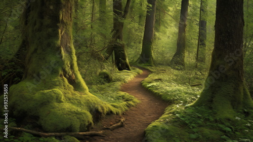 Enchanted Forest Trail Serene Path Through a Mystical Forest, Towering Trees Laden with Moss, Immortalized in Captivating Detail to Bring Nature's Magic into Your Home or Office. Generative AI