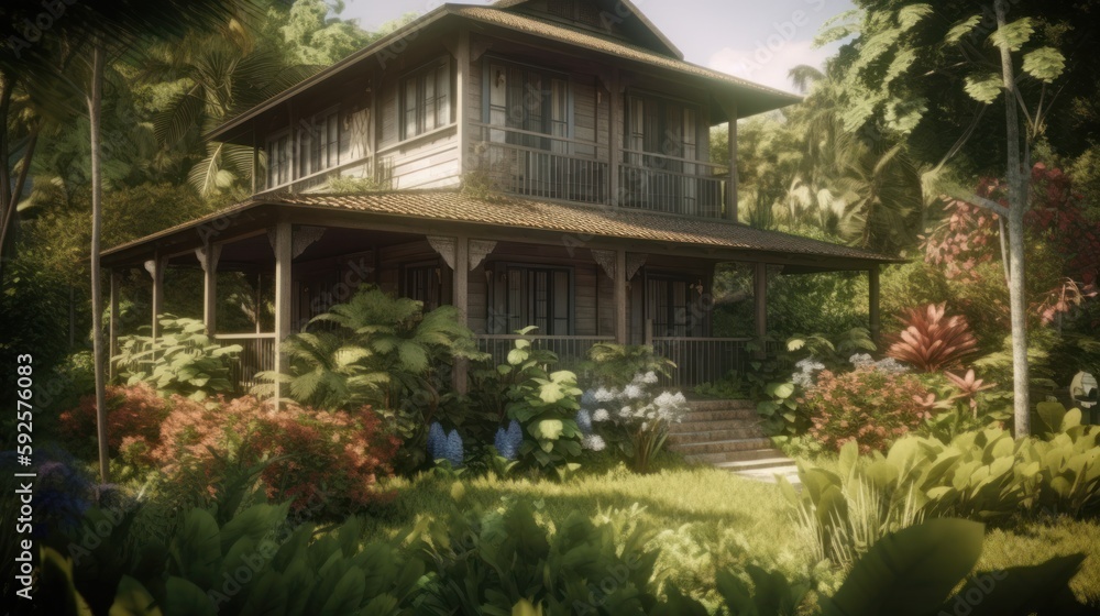 Vintage wooden house in the garden. Vintage style. Blurred background. Generative AI