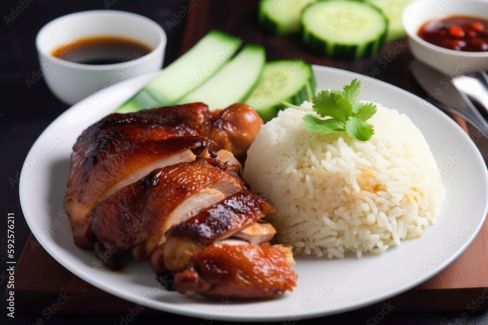 Roast duck with rice and cucumber on a black background. Generative AI Roast duck with rice and cucumber on a black background. Generative AI