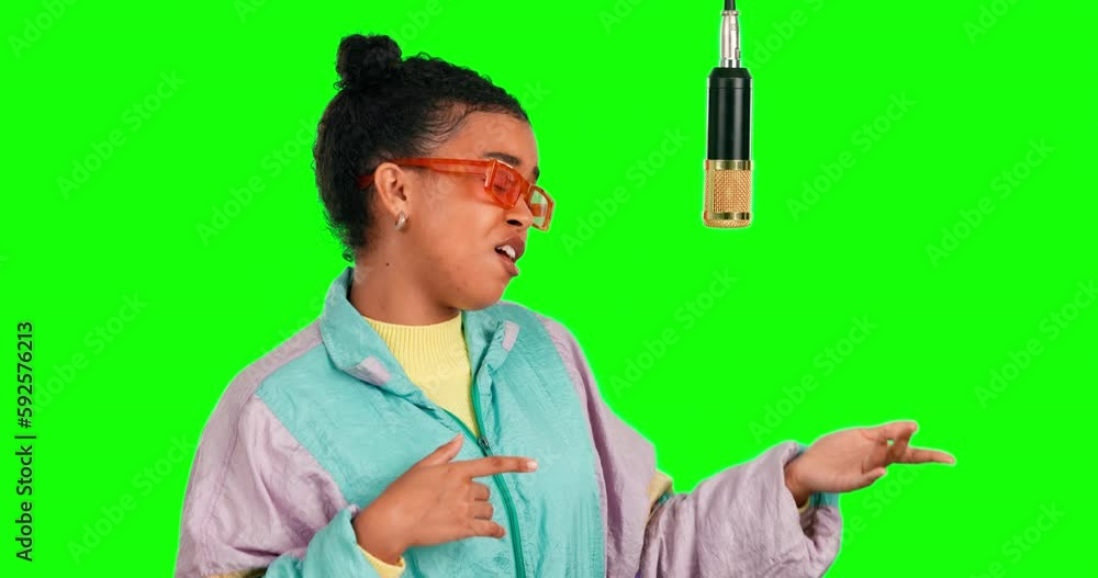 Green screen microphone, rapper and woman singing song, recording voice ...