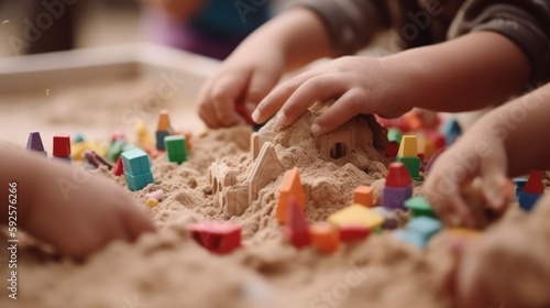 Close up of children's hands playing with building blocks on the sand, Generative AI