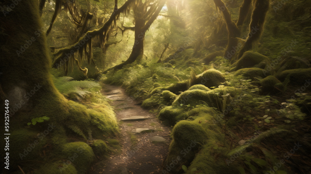 Enchanted Forest Trail Serene Path Through a Mystical Forest, Towering Trees Laden with Moss, Immortalized in Captivating Detail to Bring Nature's Magic into Your Home or Office. Generative AI
