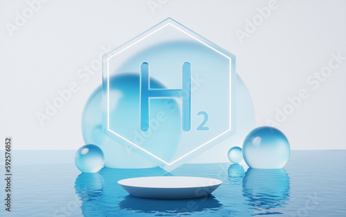 Hydrogen and water surface  3d rendering.
