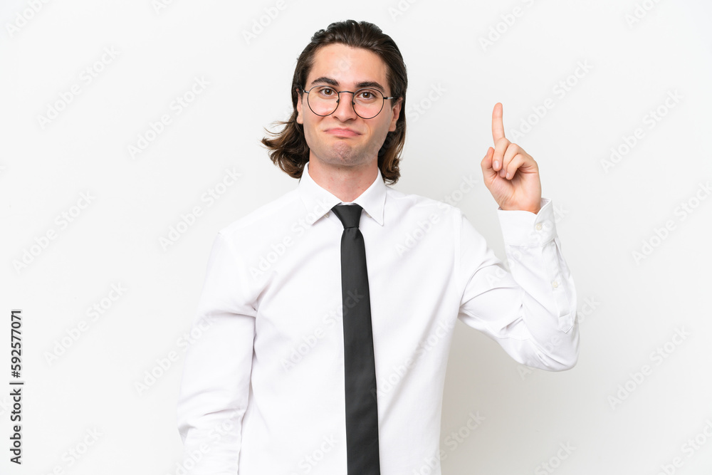 Business handsome man isolated on white background pointing with the index finger a great idea Business handsome man isolated on white background pointing with the index finger a great idea