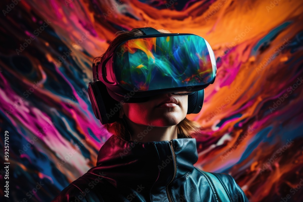 person wearing a virtual reality headset, with a colorful and vivid display on the headset. Immersion and escapism - AI Generated Illustration - obrazy, fototapety, plakaty 