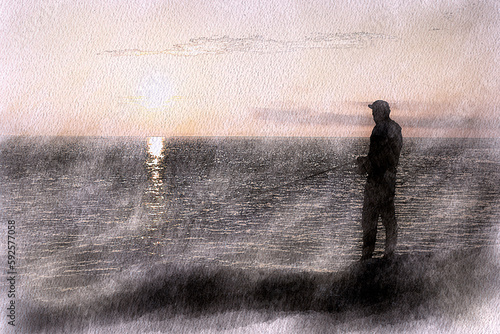 Watercolor of a fisherman at dawn
