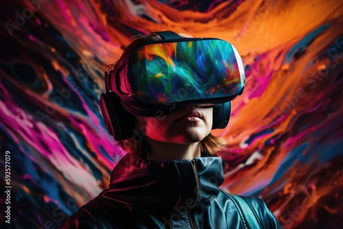 person wearing a virtual reality headset, with a colorful and vivid display on the headset. Immersion and escapism - AI Generated Illustration photo