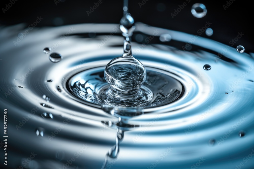 A macro shot of a water droplet falling into a pool of water, with ripples spreading outwards - motion and fluidity concept A macro shot of a water droplet falling into a pool of water, with ripples spreading outwards - motion and fluidity concept
