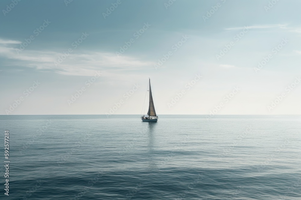 A minimalist shot of a lone sailboat in the middle of a vast ocean - adventure and freedom
