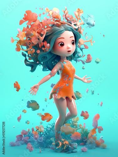 3D render of a cute blue haired little girl underwater. Generative ai