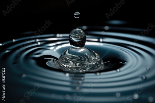 A macro shot of a water droplet falling into a pool of water, with ripples spreading outwards - motion and fluidity concept