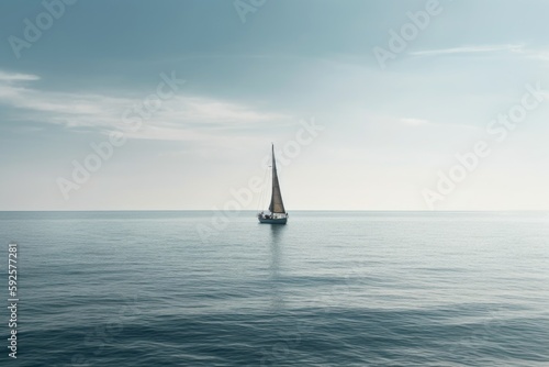 A minimalist shot of a lone sailboat in the middle of a vast ocean - adventure and freedom