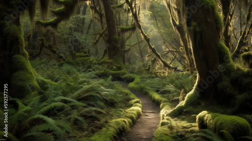 Enchanted Forest Trail Serene Path Through a Mystical Forest  Towering Trees Laden with Moss  Immortalized in Captivating Detail to Bring Nature s Magic into Your Home or Office. Generative AI