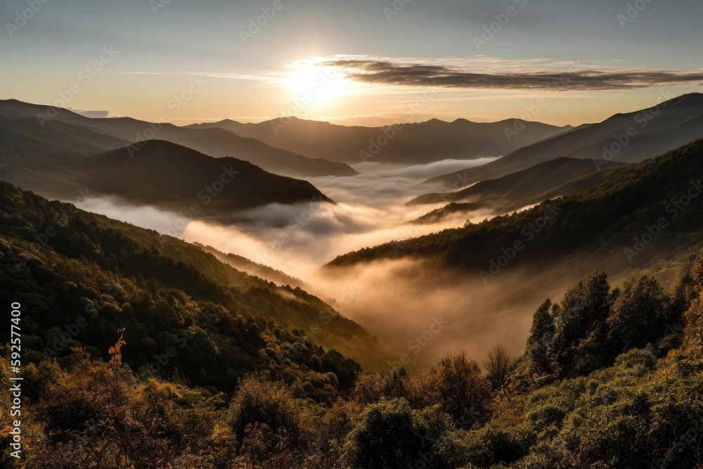 A panoramic shot of a beautiful sunrise over the mountains, with mist and clouds in the valley below