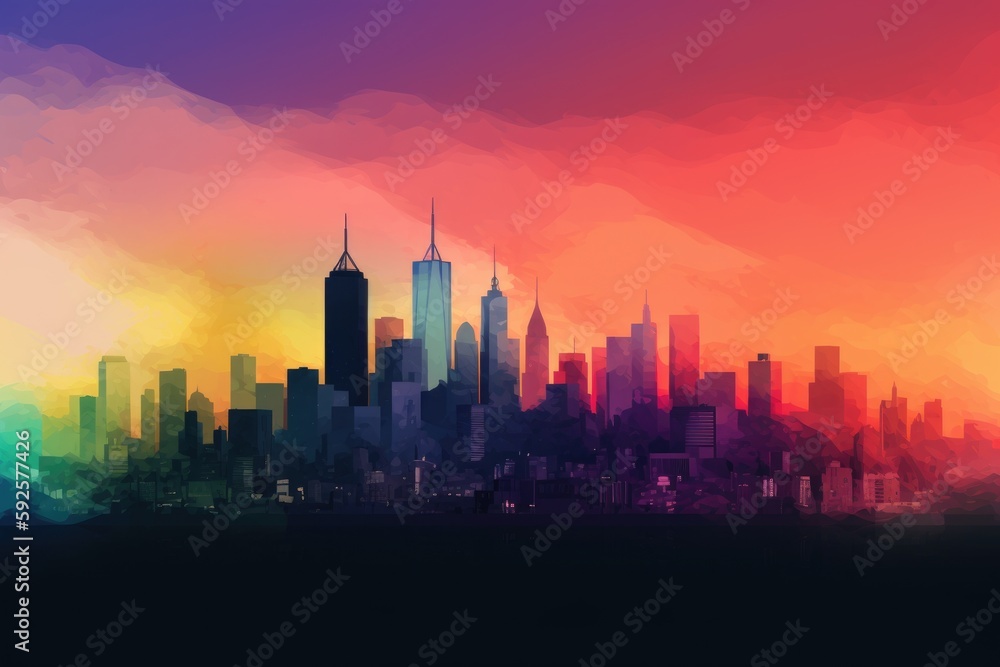 An abstract image of a city skyline with a rainbow-colored gradient overlay. Sense of diversity and inclusivity in a big city
