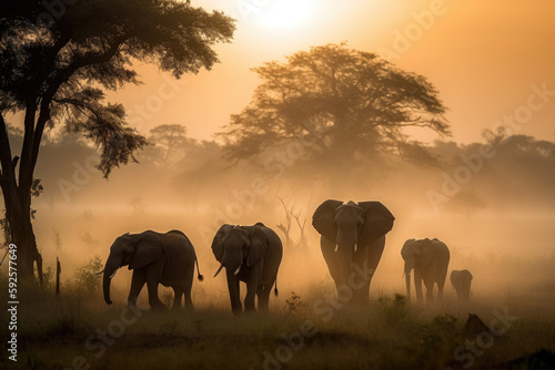 Elephant Family in Tanzania, Foggy Sunrise, National Park