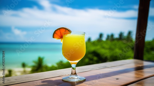 Bumble Bee Shot cocktail on background with blue sea and sky tropical background. Generative AI