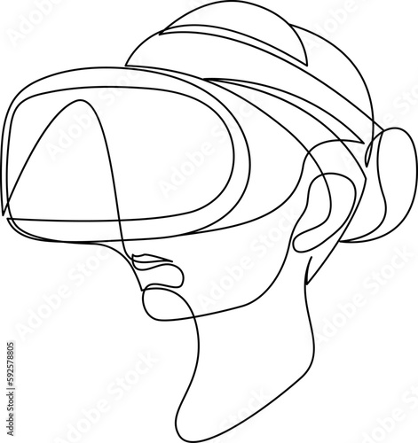 Woman wearing virtual reality glasses continuous line drawing. One line art of young woman is experiencing virtual reality through a VR headset. Logo isolated minimal illustration.
