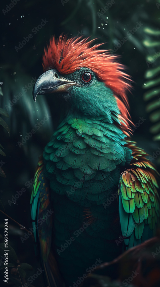 Quetzal In Realistic Photography Style In Colorful Tropical Jungle Detailed Portrait Front Lock Generative Ai Digital Illustration Part#140423