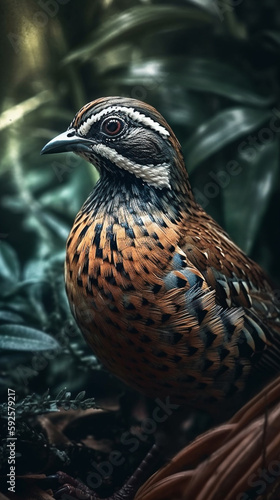 Quail In Realistic Photography Style In Colorful Tropical Jungle Detailed Portrait Front Lock Generative Ai Digital Illustration Part#140423