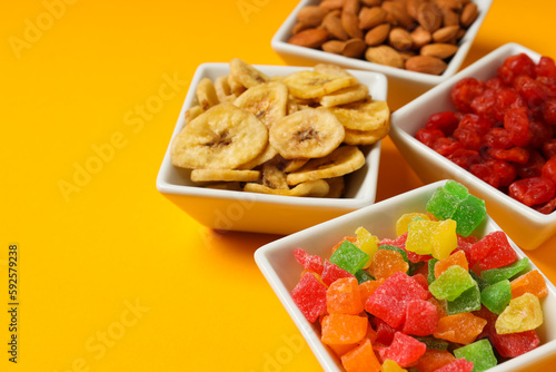 Tasty food concept - delicious dried fruits, tasty dried food