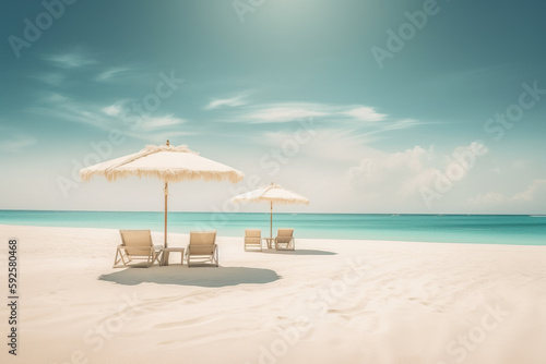 Beautiful beach banner. White sand, chairs and umbrella. Travel tourism background . Amazing beach landscape. Generative AI