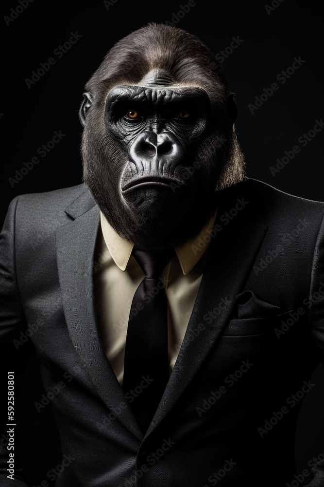 AI generated studio portrait of a gorilla wearing a suit AI generated studio portrait of a gorilla wearing a suit