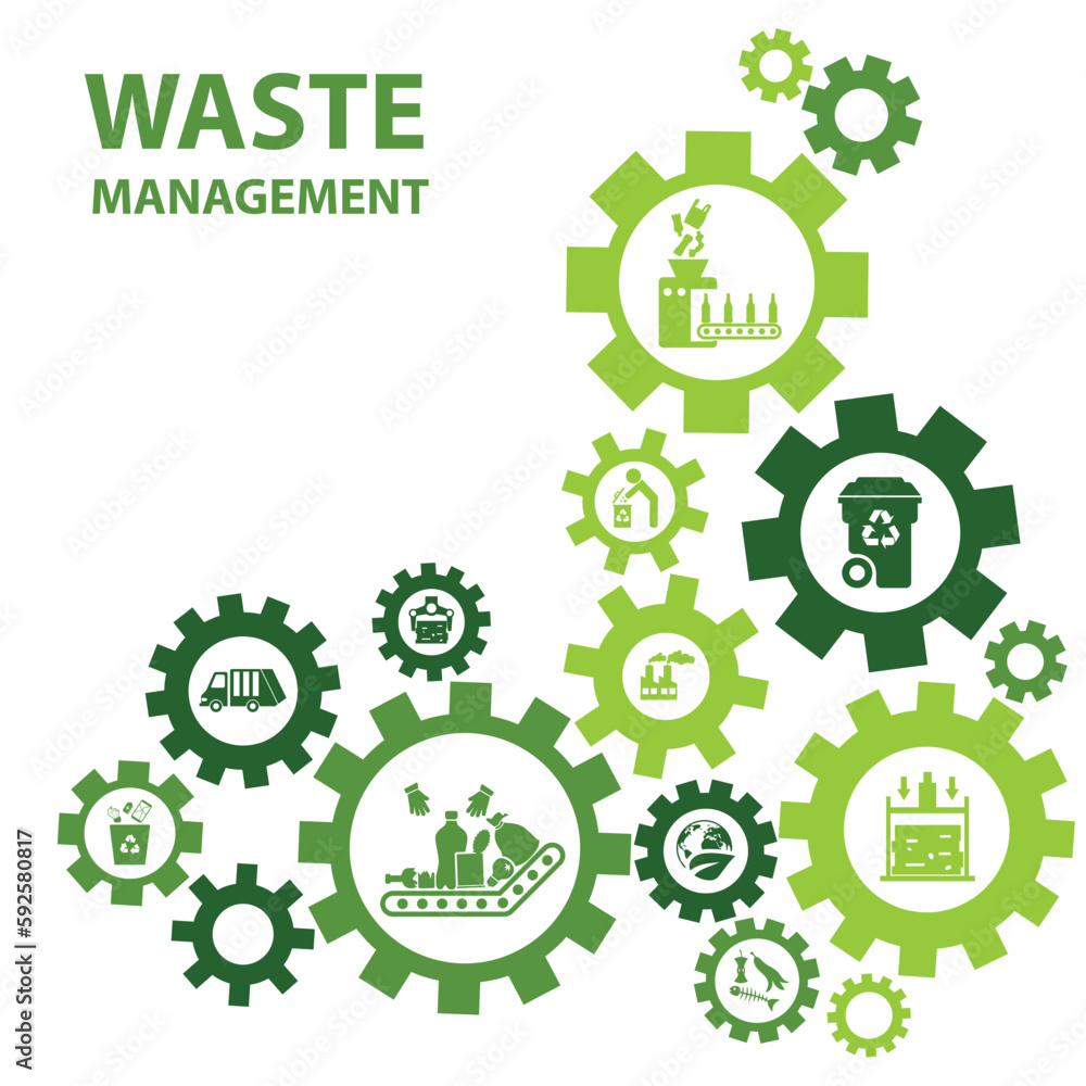Waste management and recycling vector illustration. Green concept with icons related to sorting and separating different garbage or rubbish types Waste management and recycling vector illustration. Green concept with icons related to sorting and separating different garbage or rubbish types