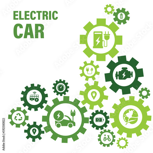 Electric car vector mockup with charge station. Electro vehicle shape icon set with charger, battery power and plug.