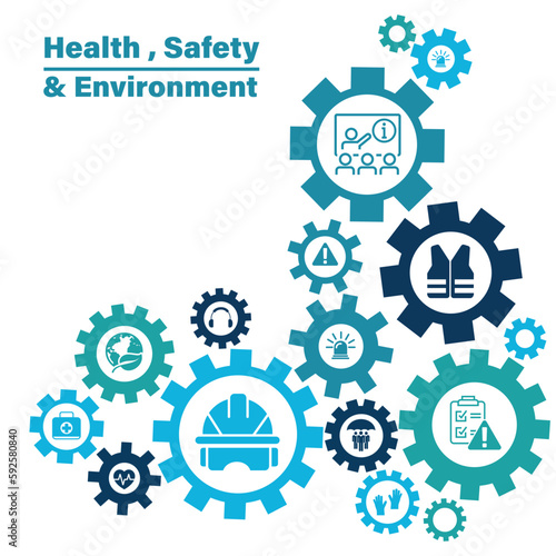 Health Safety and Environment Icon Set and Web Header Banner. icons related to industrial accident prevention, workplace safety training, industrial regulations, hazard warning, protective equipment.