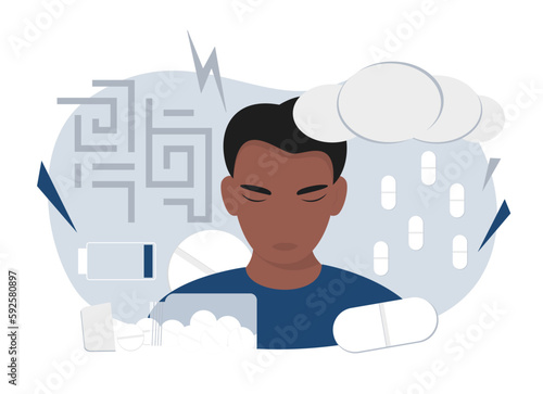 Depression. Medicine. Depression anxiety. Mental health illness. Cold and flu. Vector illustration.