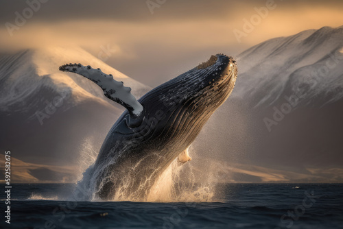  A humpback whale leaping out of water, jump out of water