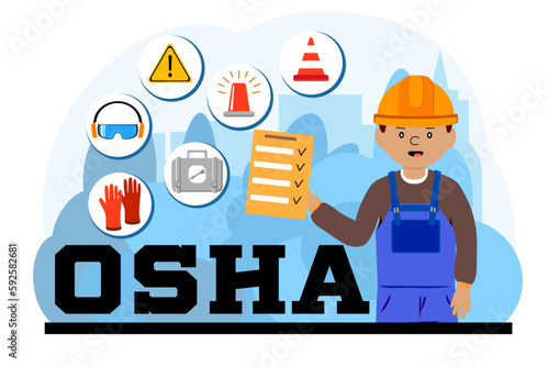 OSHA concept. Occupational safety and health administration. Government public service protecting worker from health and safety hazards on the job. Isolated flat vector illustration
