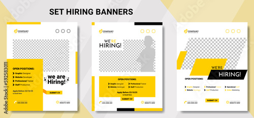 We are hiring job vacancy social media post banner design template on yellow color. We are hiring job vacancy square web banner design. Editable text