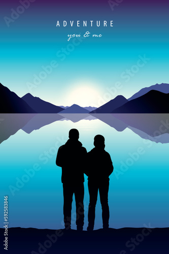 couple in love at sea and beautiful sunset with mountain view