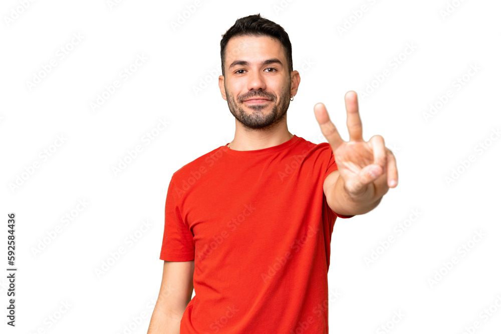 Young handsome caucasian man over isolated chroma key background smiling and showing victory sign Young handsome caucasian man over isolated chroma key background smiling and showing victory sign