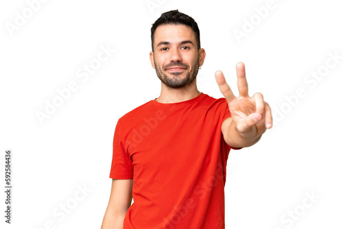 Young handsome caucasian man over isolated chroma key background smiling and showing victory sign