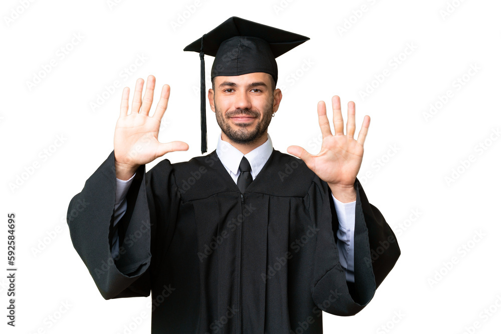 Young university graduate man over isolated chroma key background counting ten with fingers Young university graduate man over isolated chroma key background counting ten with fingers