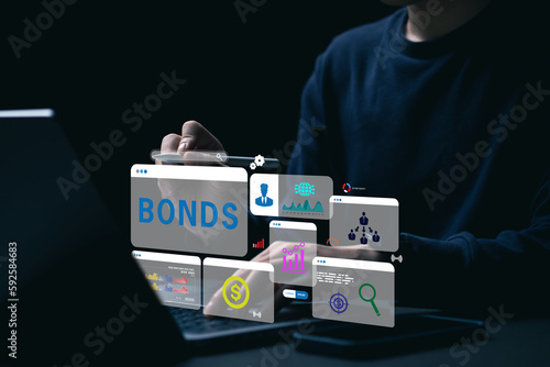 Businessman clicks a bonds virtual screen. Bond Finance Banking Technology concept. Trade Market Network.