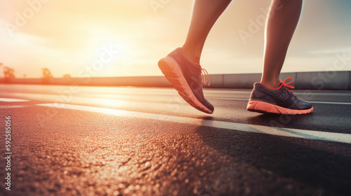 Female runner s legs on asphalt at sunset. Generative AI